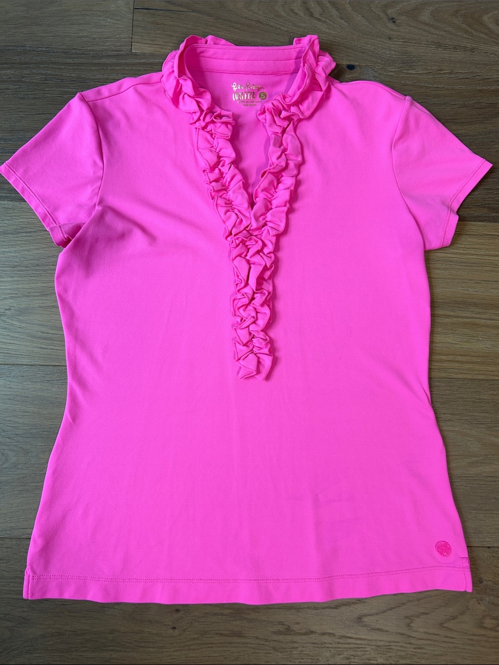 Lilly Pulitzer Luxletic Frida Hot Pink Ruffle Short Sleeve Polo S Like New